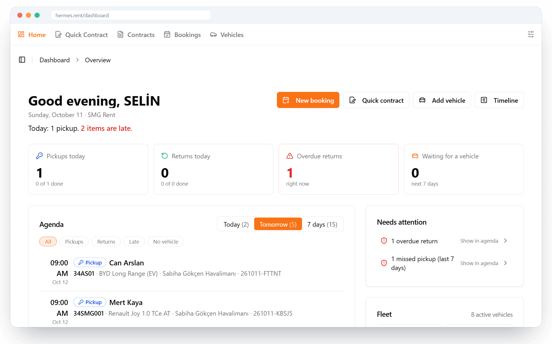 Hermes.rent dashboard: today's pickups, returns and agenda